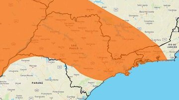 Aviso do Inmet é válido até a manhã desta terça-feira (14) Inmet mantém alerta laranja para tempestades em grande parte de SP Mapa do estado de SP com indicação em laranja de área com risco de tempestades - Reprodução/Inmet
