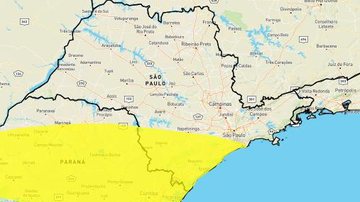 Baixada Santista e litoral sul estão sob alerta amarelo de chuvas intensas Litoral de SP está sob alertas amarelo e laranja para chuvas intensas Mapa do estado de SP com indicação em amarelo de áreas com risco de chuvas intensas - Reprodução/Inmet