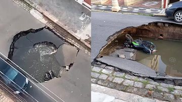 Motociclista teria se acidentado após cair no buraco Cratera em rua de Santos - Reprodução