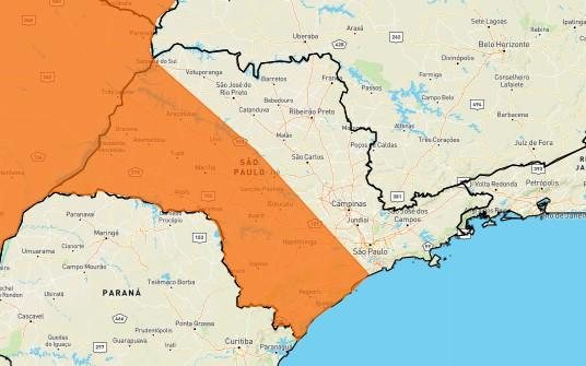 Alerta para o litoral sul é de maior severidade Litoral de SP segue sob alertas amarelo e laranja para tempestades Mapa do estado de SP com indicação em laranja de áreas com risco de tempestades - Reprodução/Inmet