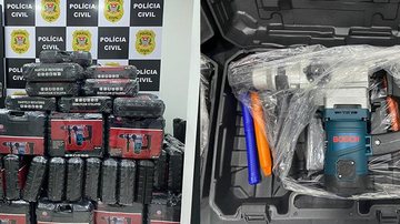 Polícia apreendeu ferramentas falsificadas e diversos adesivos das marcas Apreenção em Praia Grade - Divulgação Polícia Civil