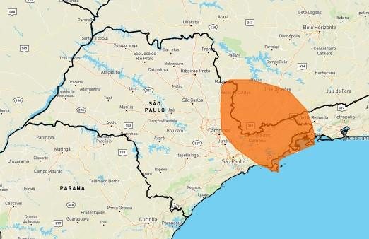 Alerta laranja de tempestades é válido até a noite desta terça-feira (28) Litoral Norte de SP está sob alerta laranja para tempestades nesta terça (28) Mapa do estado de SP com indicação em laranja de áreas com risco de tempestades - Reprodução/Inmet