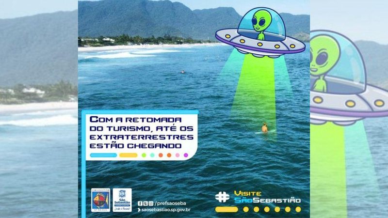 Você viu algum ET nervoso por aí? Zoeira: Prefeitura de São Sebastião faz post bem humorado sobre caso dos ETs Post sobre ETs nas redes sociais da Prefeitura de São Sebastião - Reprodução/Prefeitura de São Sebastião
