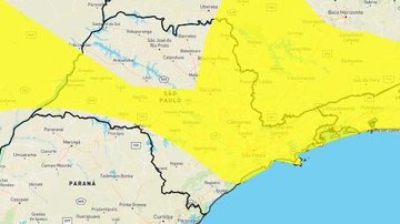 Alerta é válido até a manhã desta segunda-feira (6) Litoral de SP está sob alerta amarelo de perigo potencial de chuvas intensas Mapa do estado de SP com indicação em amarelo de áreas com risco de chuvas intensas - Reprodução/Inmet