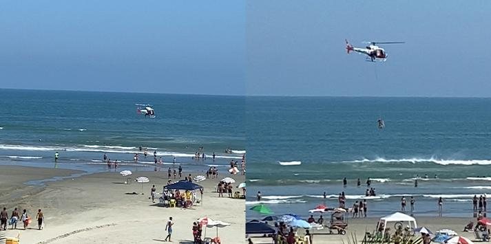 Turista de 13 anos foi surpreendido por forte corrente de retorno e puxado para uma área de perigo Resgate em Praia Grande - Reprodução/Praia Grande Miu Grau