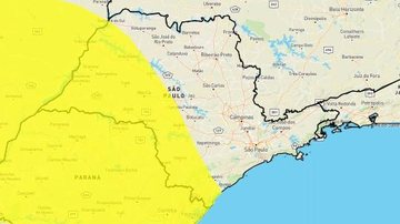 Demais áreas de São Paulo estão sob alerta para tempestades Estado de SP segue em alerta amarelo para chuvas intensas e tempestades Mapa do estado de SP com indicação em amarelo de áreas com risco de tempestades - Reprodução/Inmet