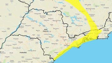 Quando o Inmet fala em "alerta amarelo" isso quer dizer que a situação meteorológica daquele período é potencialmente perigosa Litoral de SP está sob alerta amarelo do Inmet para chuvas intensas Mapa do estado de São Paulo com indicação em amarelo de área - Reprodução/Inmet