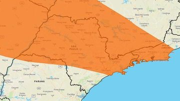 Segundo o Inmet, há possibilidade de queda de granizo nessas regiões Alerta laranja de perigo para tempestades abrange boa parte do estado de SP Mapa do estado de SP com indicação em laranja de áreas com risco de tempestades - Reprodução/Inmet