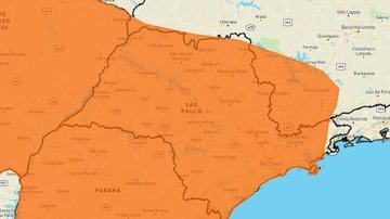 Um alerta laranja significa que a situação meteorológica a que se refere a previsão do Inmet é perigosa Alerta laranja para tempestades atinge litoral e maior parte do estado de SP Mapa do estado de São Paulo com indicação em laranja de áreas com risco de  - Reprodução/Inmet