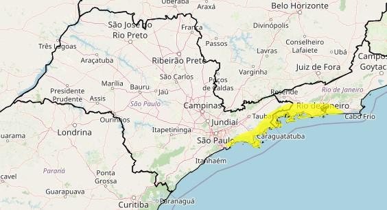 O risco para deslizamentos no Litoral Norte é baixo, segundo o Inmet Inmet emite alertas laranja e amarelo para acumulados de chuva no litoral de SP Mapa do estado de São Paulo com indicação em amarelo de áreas com risco de acumulados de chuva - Reprodução/Inmet