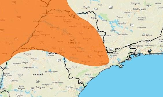 Grande SP e boa parte do interior paulista estão sob alerta laranja para chuvas intensas Litoral de SP está sob alerta amarelo para chuvas intensas nesta terça-feira (14) Mapa do estado de SP com indicação em laranja de áreas com risco de chuvas intensas - Reprodução/Inmet