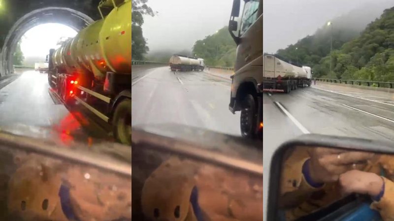 Trecho de serra da Imigrantes foi interditado após acidentes causados por óleo na pista Vazamento de óleo e acidentes complicam Anchieta-Imigrantes Motorista filmando carreta - Imagem: Reprodução
