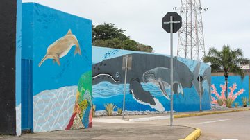 Mural é assinado pelo artista Alexandre Huber e tem entre os destaques o retrato de uma baleia-jubarte Praia Grande: maior mural sobre vida marinha do país recebe placa interativa Mural da vida marinha em Praia Grande - Prefeitura de Praia Grande