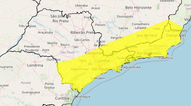 Segundo o Inmet, há previsão também de ventos intensos Litoral de SP está sob alerta amarelo para chuvas intensas Mapa do estado de SP com indicação em amarelo de áreas com risco de chuvas intensas - Reprodução/Inmet