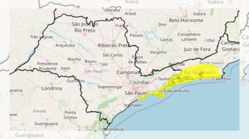 Previsão do Inmet é válida de Praia Grande até Ubatuba Alerta amarelo: litoral de SP está em atenção para aumulados de chuva Mapa do estado de SP com indicação em amarelo de áreas com risco de acumulados de chuva - Reprodução/Inmet