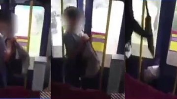 Aos gritos de ''tarado nojento", homem fugiu de ônibus em movimento Homem se masturba em ônibus e foge após reação de passageiras em Cubatão Frames de homem fugindo de ônibus - Imagem: Reprodução