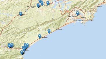 Mapa do Centro de Sismologia da USP com relatos de moradores que sentiram os tremores MAPA - Tremor de terra é sentido por moradores de Peruíbe, São Vicente, Itanhaém e Mongaguá Mapa - Imagem: Reprodução / Centro de Sismologia da USP