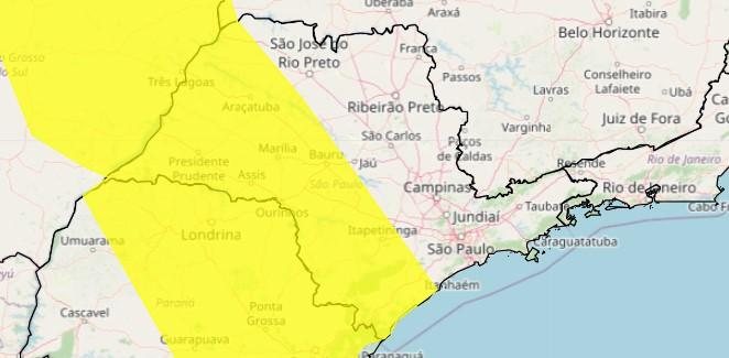 Há previsão também para ventos intensos Litoral sul de SP está em alerta amarelo para chuvas intensas Mapa do estado de SP com indicação em amarelo para áreas com risco de chuvas intensas - Reprodução/Inmet