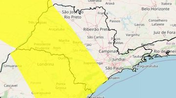 Há previsão também para ventos intensos Litoral sul de SP está em alerta amarelo para chuvas intensas Mapa do estado de SP com indicação em amarelo para áreas com risco de chuvas intensas - Reprodução/Inmet