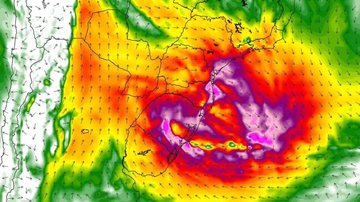 Mapa meteorológico mostra que apesar do ciclone estar mais ativo na costa da região Sul do Brasil, SP vai sofrer alguns efeitos do sistema Marinha alerta: ciclone pode provocar ressaca e ventos de até 100 km/h no litoral de SP Mapa meteorológico mostrando  - Reprodução/MetSul Meteorologia