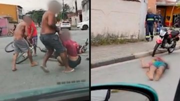 Homem é acusado de roubar motocicleta e é espancado em Guarujá, SP  Homem sendo espancado violentamente depois de ser acusado de roubar motocicleta. - Divulgação