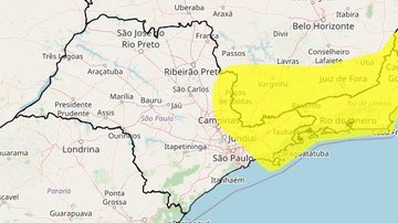 Há previsão também de ventos intensos, segundo o Inmet Litoral norte de SP segue em alerta amarelo para chuvas intensas Mapa do estado de SP com indicação em amarelo de áreas com risco de chuvas intensas - Reprodução/Inmet