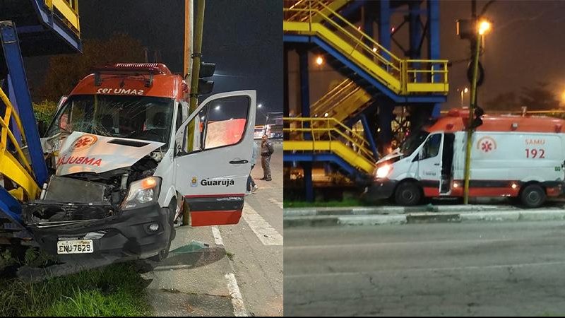 Homem roubou a ambulância e a colidiu contra uma passarela em Vicente de Carvalho. Ambulância roubada - Reprodução Plantão Guarujá