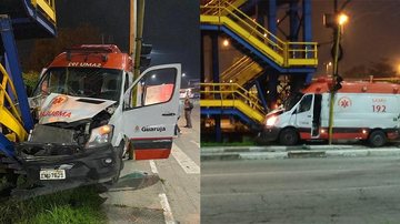 Homem roubou a ambulância e a colidiu contra uma passarela em Vicente de Carvalho. Ambulância roubada - Reprodução Plantão Guarujá