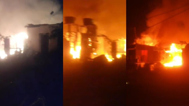 Mais de 30 Moradias de comunidade foram engolidas pelas chamas capa - Incêndio destrói mais de 30 moradias em Guarujá Montagem com três fotos que mostram barracos sendo queimados - Imagem: Reprodução