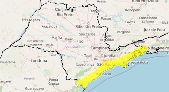 Segundo o Inmet, os ventos podem variar entre 40 e 60 km/h Atenção: todo o litoral de SP está em alerta amarelo para chuvas intensas Mapa do estado de SP com indicação em amarelo de áreas com risco de chuvas intensas - Reprodução/Inmet