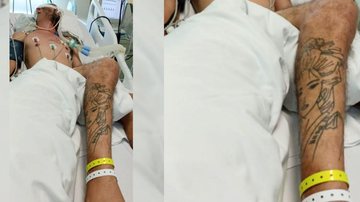 Homem internado no Hospital do Vicentino tem uma grande tatuagem em uma das pernas Hospital procura por familiares de paciente em São Vicente Homem internado em São Vicente e detalhe da tatuagem que ele possui em uma das pernas - Reprodução/Divulgação/Prefeitura de São Vicente