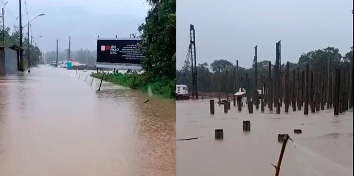 Chuva causa alagamento em terreno onde estão sendo construídas casas para desalojados Chuva em São Sebastião - Reprodução