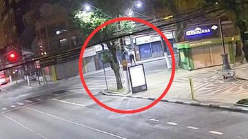 Totem de publicidade serviu de "escadinha" para o gatuno furtar a fiação Câmeras flagram dupla de gatunos furtando fios em praça do Centro de Santos Imagem de câmera de monitoramento do momento em que indivíduo sobre em totem de publicidade para furtar fia - Divulgação/Prefeitura de Santos