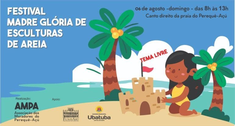 As inscrições são gratuitas e devem ser realizadas na sede da Fundação de Arte e Cultura de Ubatuba (Fundart) Ubatuba sedia Festival de Esculturas de Areia no domingo (6) Banner do festival - Divulgação/Prefeitura de Ubatuba