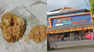 Portuário afirma que esposa encontrou dente em coxinha “Produtos atendem às normas de higiene”, diz mercado denunciado por vender coxinha com dente Montagem com duas fotos: coxinha com recheio de dente e fachada de mercado - Imagem: Reprodução
