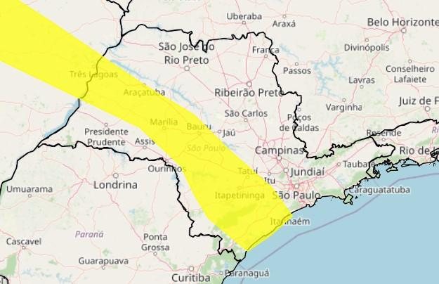Alerta amarelo para tempestade é válido até Itanhaém Litoral sul de SP está em alerta amarelo para tempestades nesta sexta (18) Mapa do estado de SP com indicação em amarelo de áreas com risco de tempestade - Reprodução/Inmet