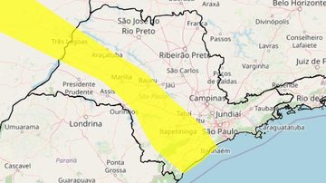 Alerta amarelo para tempestade é válido até Itanhaém Litoral sul de SP está em alerta amarelo para tempestades nesta sexta (18) Mapa do estado de SP com indicação em amarelo de áreas com risco de tempestade - Reprodução/Inmet