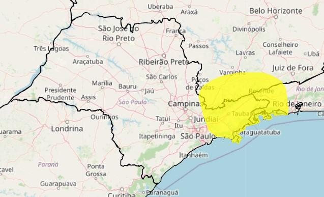 Alerta é válido de Bertioga até Ubatuba Litoral norte de SP em atenção: alerta amarelo para tempestades em vigor nesta quinta (10) Mapa do estado de SP com indicação em amarelo com áreas de risco para tempestades - Reprodução/Inmet