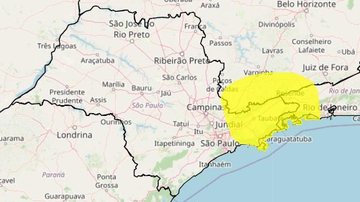 Alerta é válido de Bertioga até Ubatuba Litoral norte de SP em atenção: alerta amarelo para tempestades em vigor nesta quinta (10) Mapa do estado de SP com indicação em amarelo com áreas de risco para tempestades - Reprodução/Inmet