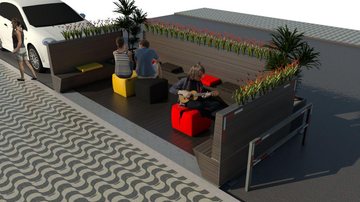 Parklets, ou minipraças, são espaços urbanos de lazer alternativo nas calçadas, com plantas, bancos e sombra - Divulgação