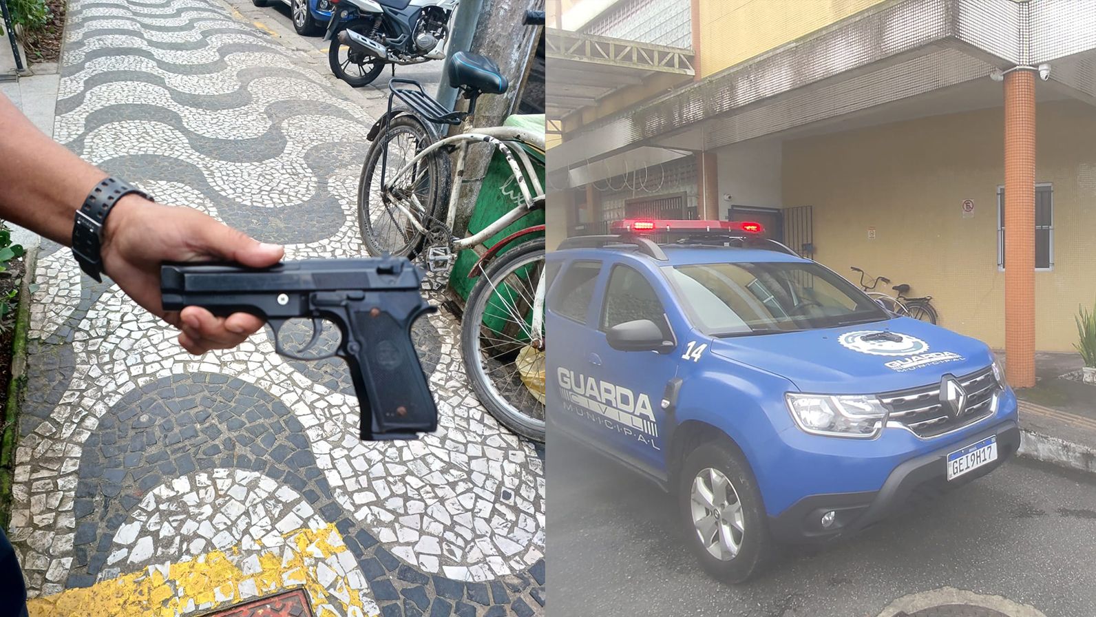 mão segura simulacro de arma. Há uma bicicleta encostada num poste ao fundo