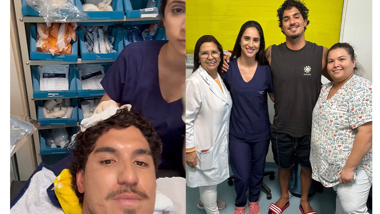 Gabriel Medina ao lado de enfermeiras no hospital municipal de Boiçucanga