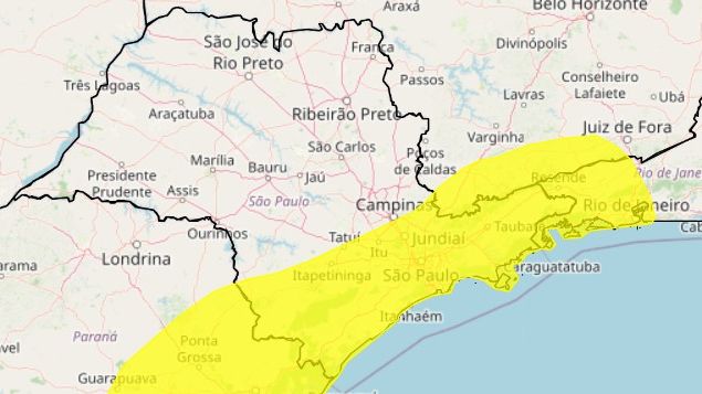 Mapa de SP com indicação em amarelo do Inmet