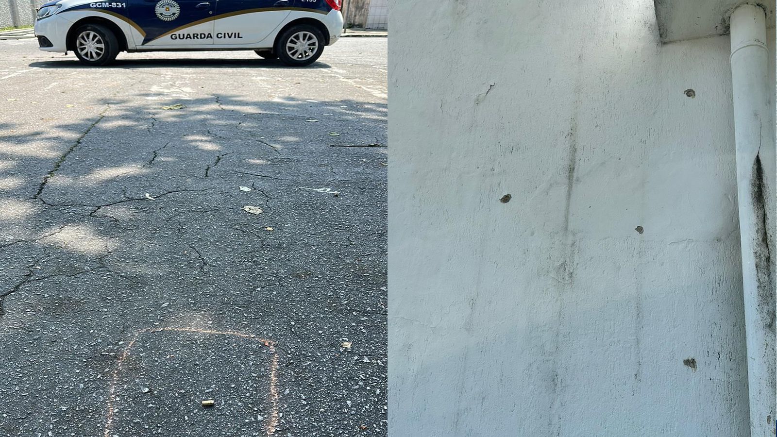 Capsula de bala e parede da base da GCM de Guarujá com marcas de tiros