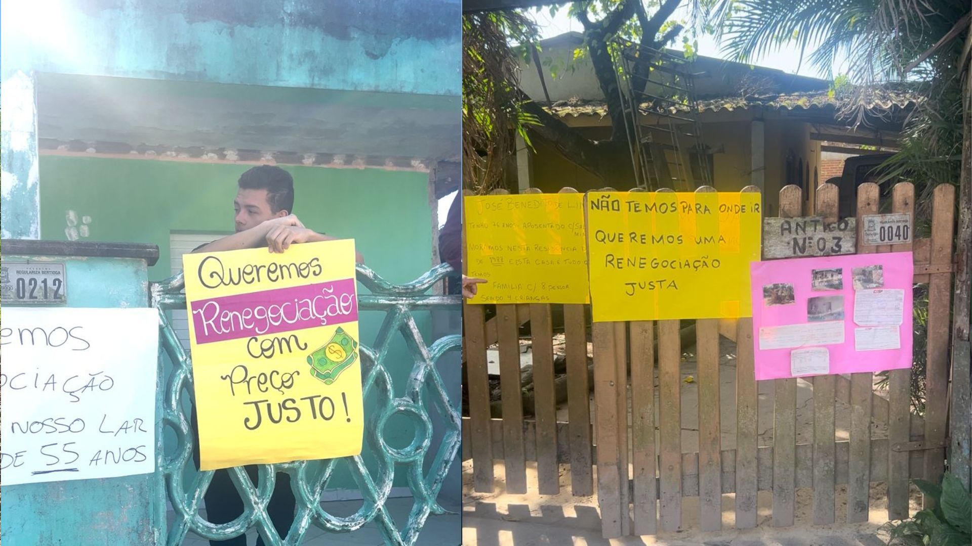 Cartazes nas portas das residências indicavam o tempo em que os moradores estavam ali e pediam negociação justa - Imagens: Portal Costas Norte