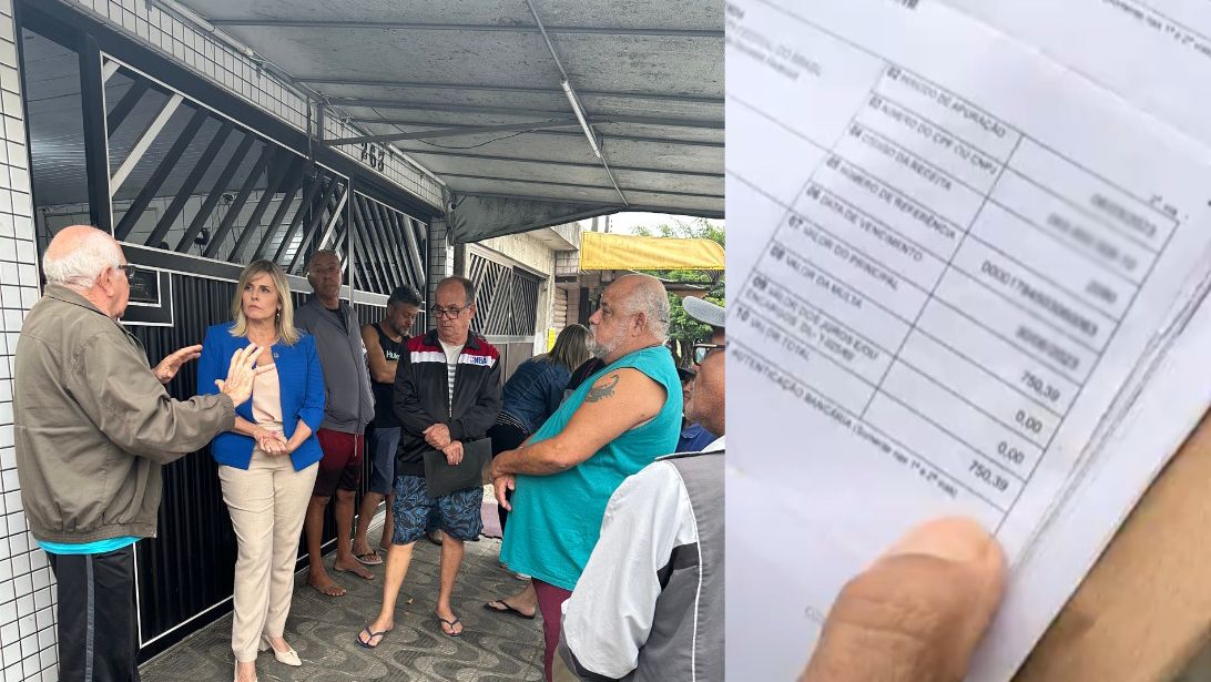 Do lado esquerdo, Solange Freitas está rodeada por moradores do bairro; do lado esquerdo, boleto com a cobrança da taxa 