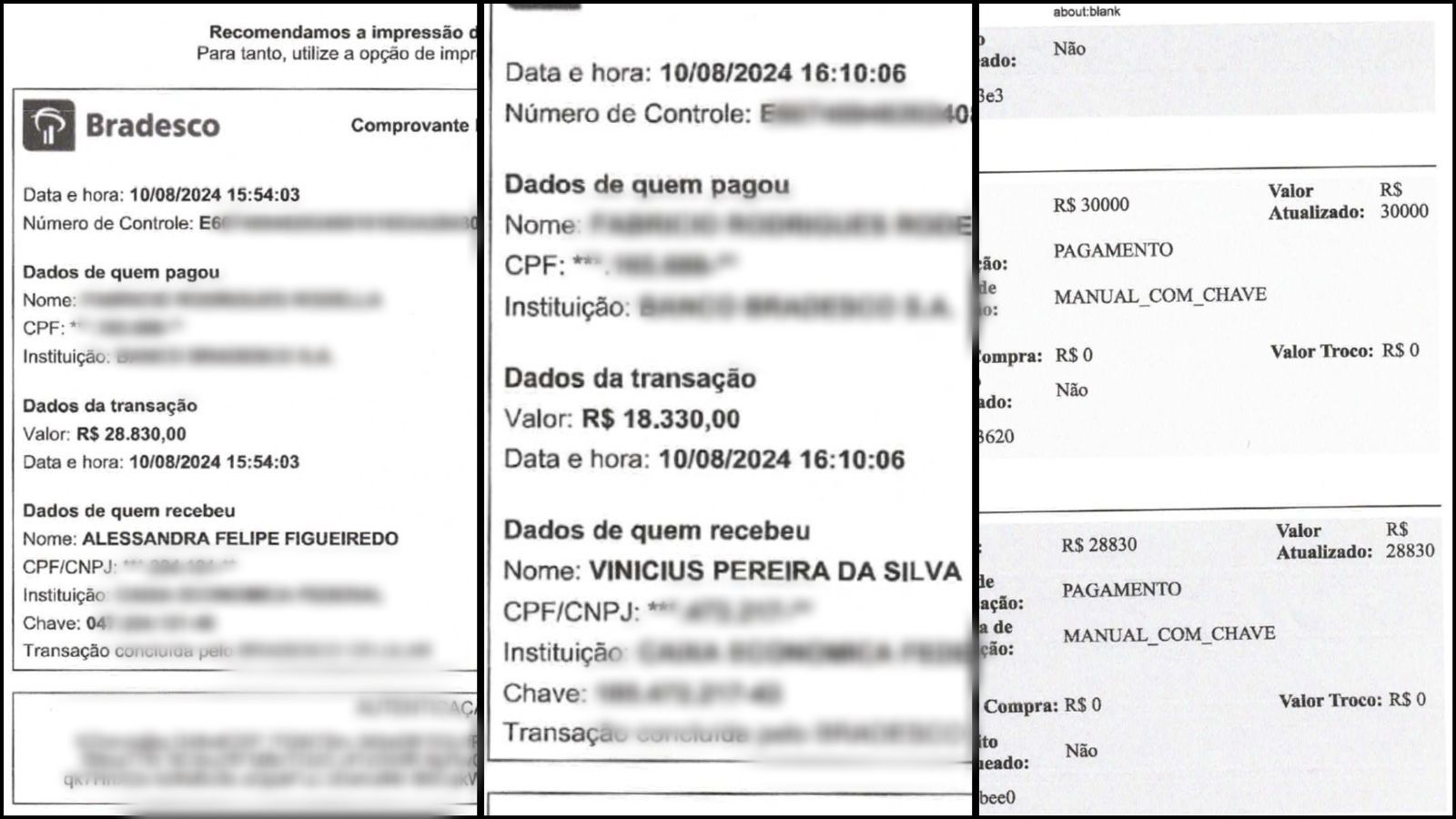 Comprovantes de transferências bancárias