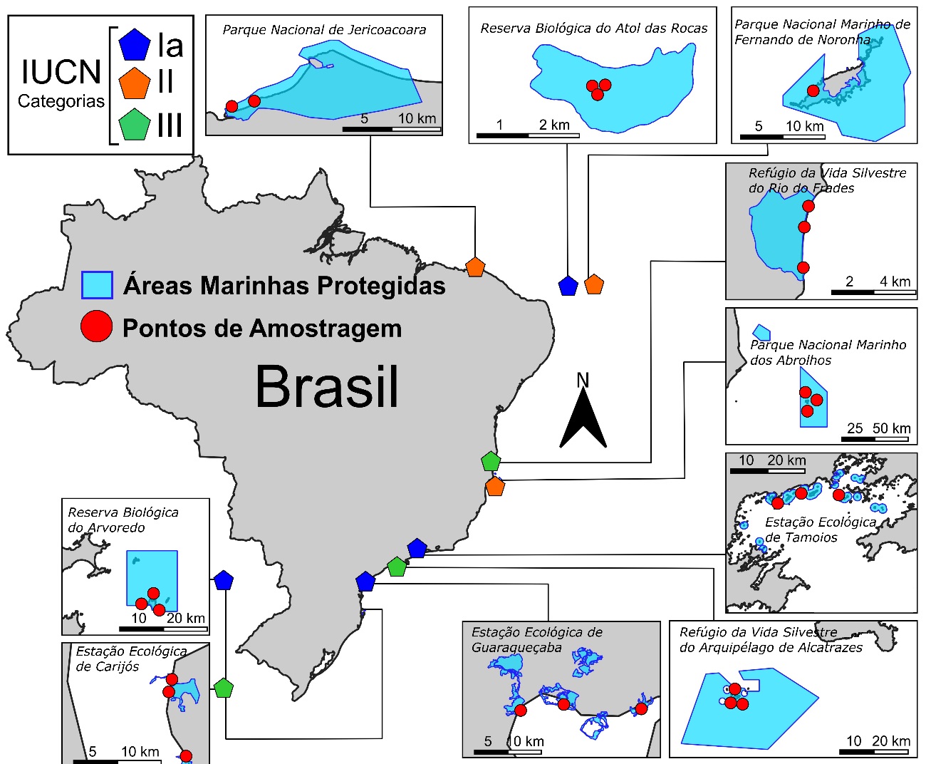 As dez áreas de proteção integral estudadas (imagem: Ítalo Braga)
