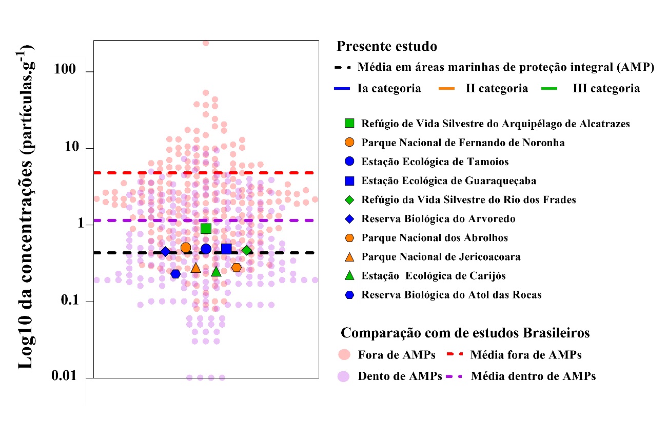 As manchas de cor lilás são áreas marinhas ao redor do mundo. A contaminação por microplásticos nas áreas de proteção integral enfocadas no estudo fica abaixo da média mundial para áreas marinhas protegidas (linha roxa pontilhada) e muito abaixo da média brasileira para áreas não protegidas (linha vermelha pontilhada). A média de contaminação por microplásticos nas áreas estudadas é dada pela linha preta pontilhada (imagem: Beatriz Zachello Nunes)