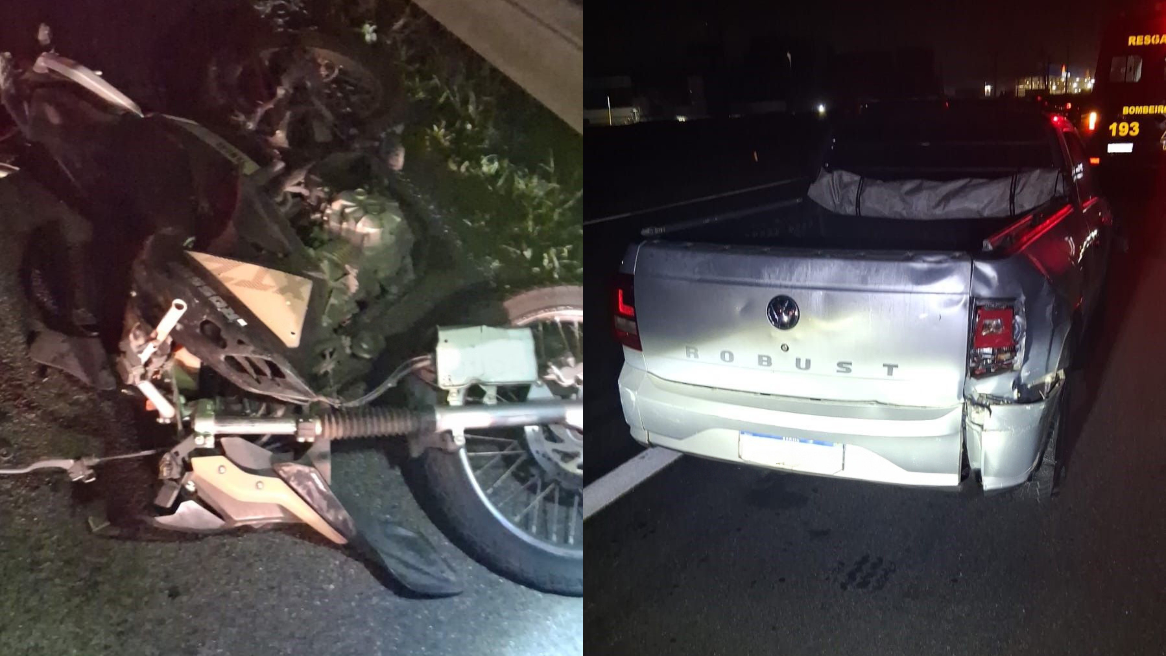 Moto caida após colisão contra Saveiro